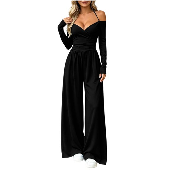 ClodeEU Women's V Neck Halter Tie Off Shoulder Long Sleeve Cinched Waist Wide Leg Jumpsuit ,Casual High Waist Fashion Romper ,Women's Plus L