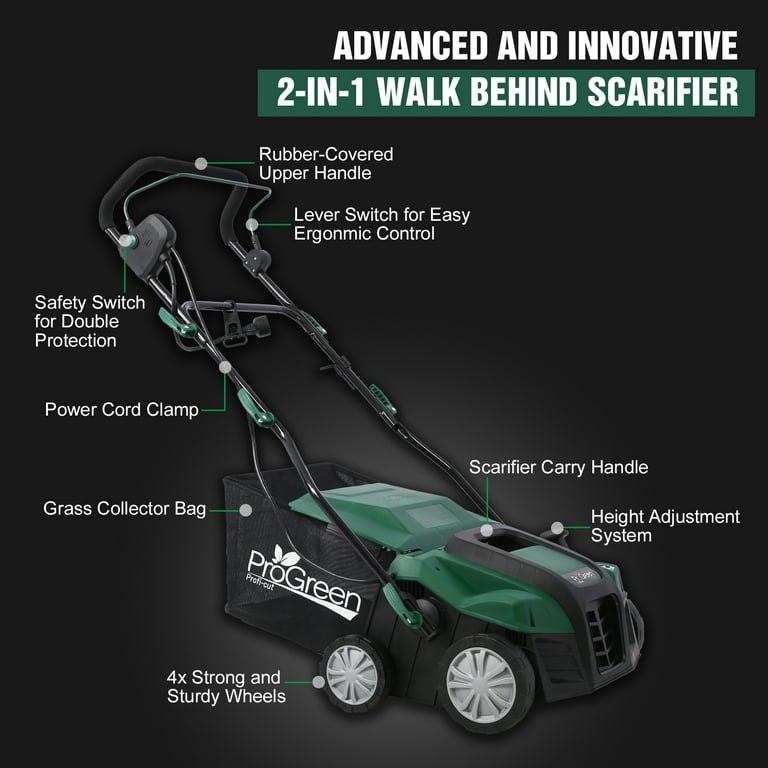 Irerts Electric Dethatcher And Scarifier 2 In 1 16 Inch With 58qt Removable Collection Bag 4 Position Height Adjustment 15 Amp