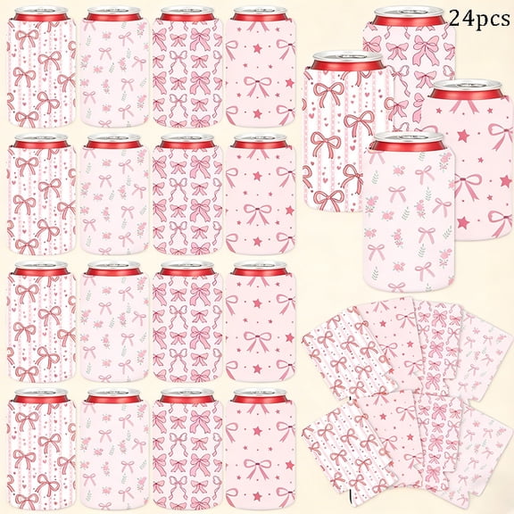 24 Pcs Pink Bow Can Cooler Sleeves, Cute Beverage Can Covers, Reusable Insulated Drink Holders for Party Birthday Wedding Bachelorette Picnic Decorations Gift