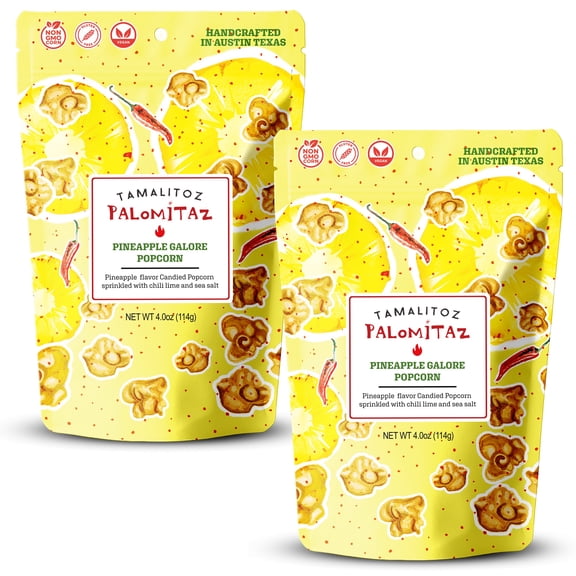 Palomitaz Gourmet Popcorn Pineapple Galore Popcorn Sweet & Spicy Mexican-Style Kettle Corn with Pineapple, Chili, Lime & Sea Salt Handcrafted Fruity Snack, Gluten-Free, Vegan, 2 Bags (4oz Each)
