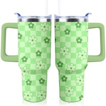 Daisy Tumbler 40 oz Tumbler with Handle and Straw Lid Leak Proof - Checkered Daisy Flower Coffee Travel Mug with Handle Insulated for Hot Cold Ice - Christmas Birthday Gifts for Women Cup