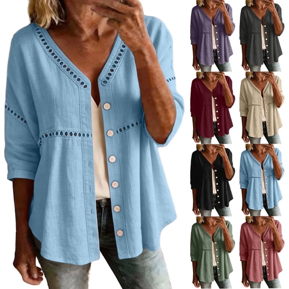 FAVIPT Women's Cotton Button Down Cardigan 3/4 Sleeve Lace Patchwork Linen Jackets Casual Loose Summer Trendy Outfits Pink,M