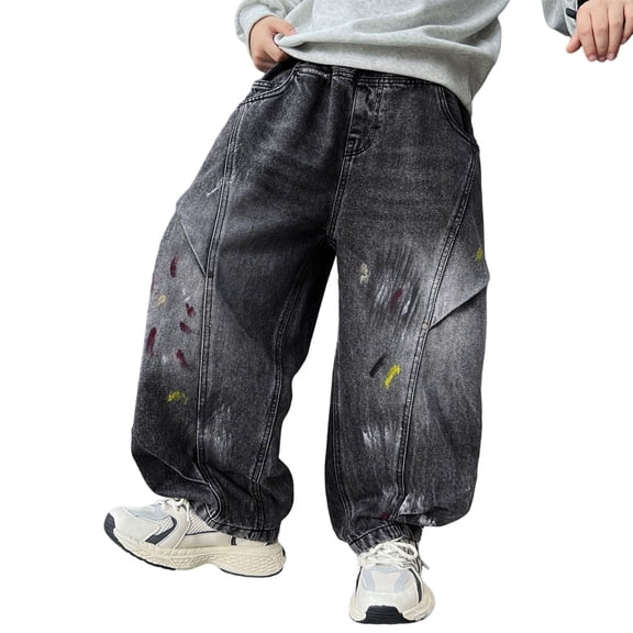 Boys Y2K Baggy Jeans Wide Leg Skater Pants Loose Fit Denim Pants Long Trousers Painted Streetwear Fashion Rock Grunge Cool