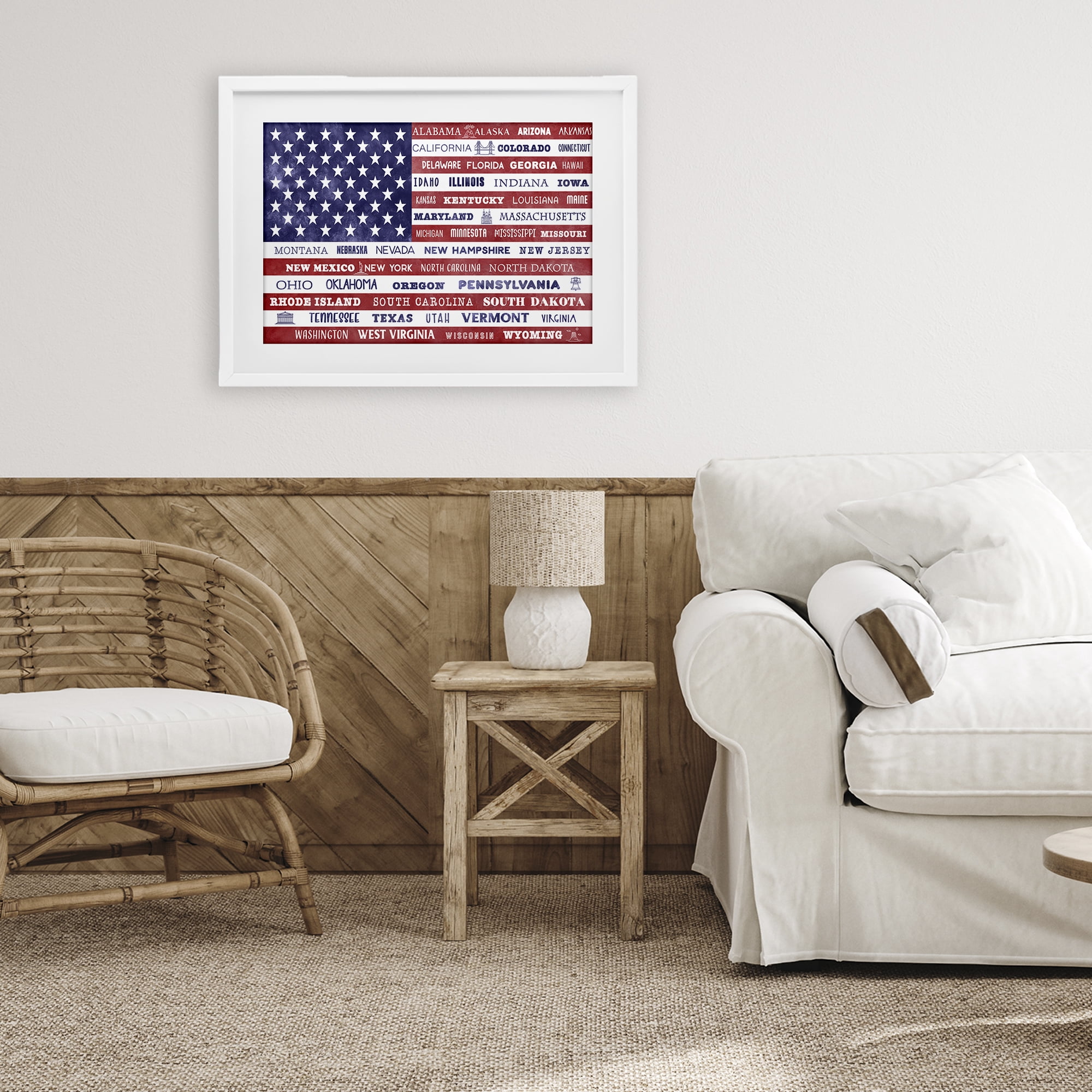 Stupell Industries States Of America Flag White Framed Print Under Glass, design by Daniela Santiago