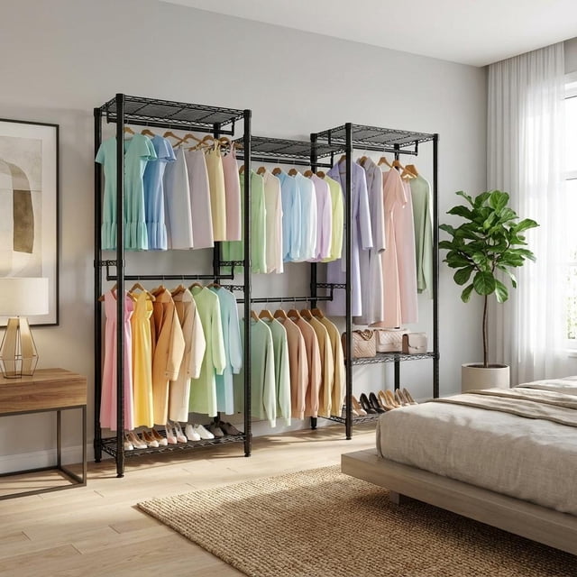 GloryStar Large Capacity Freestanding Garment Rack, Heavy Duty Metal Closet Organizer with Adjustable Shelves and Clothes Rods