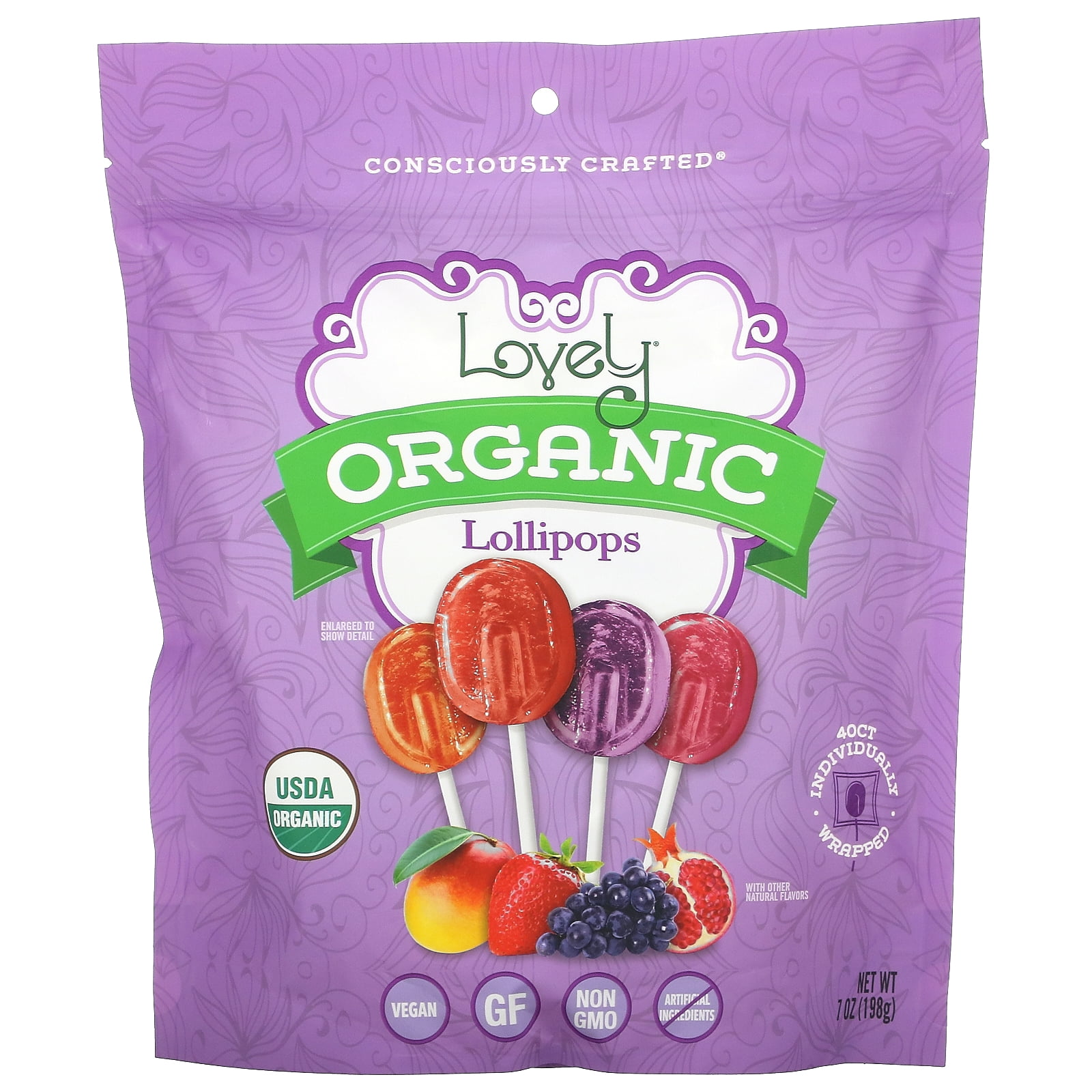 Lovely Candy Organic Lollipops, Assorted Fruit,  40 Individually Wrapped, 7 oz (198 g)