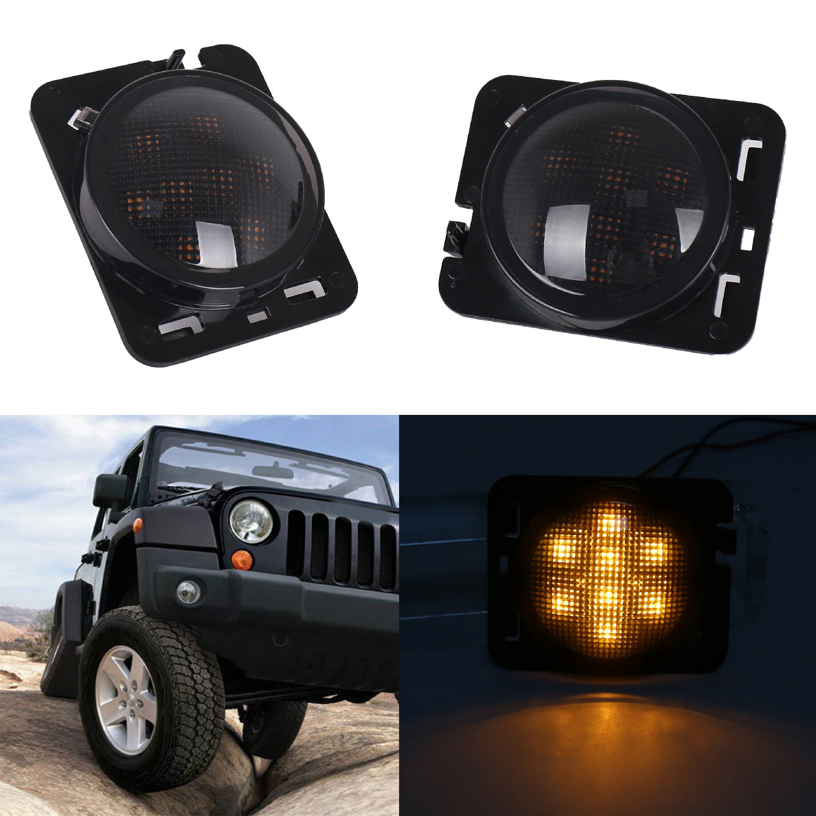 GWONG 4Pcs Modified LED Fog Lights Yellow Light Reliable Side Marker Lamps  for Jeep Wrangler 07-17 