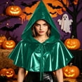 thumbnail image 2 of YOIAVAIOY Metallic Shiny Hooded Short Cape Halloween Witch Wizard Cosplay Costume Cloak Green Free Size, 2 of 9