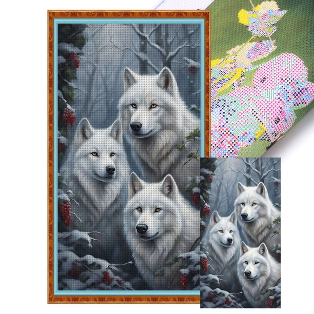 Hilo Algodón Ecológico Bordado 11CT 3 Hebras 40x70cm Tres Lobos en La Nieve Kit Serie Punto Cruz