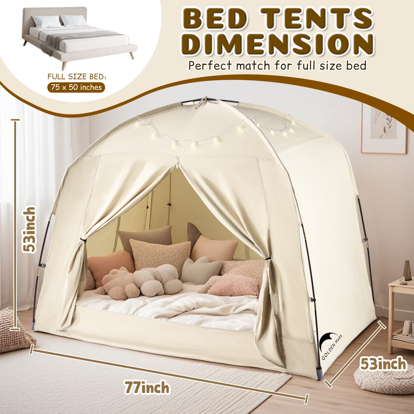 Bed Tents for Kids and Adult, Portable 100% Breathable and 85% Blackout Toddler Dream Play Tent, 3 Doors Privacy Space Sleeping Canopy for Indoor Floor or Twin Full Queen Sizes Bed (Khaki, Full-Size)