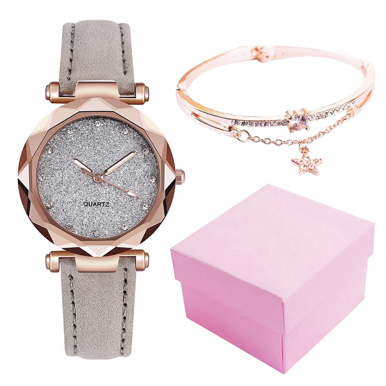 Rygai 2Pcs/Set Watch Bracelet Kit Shiny Rhinestone Inlaid Round Dial Pointer Display Marble Surface Thin Strap Minimalist Women Quartz Wristwatch