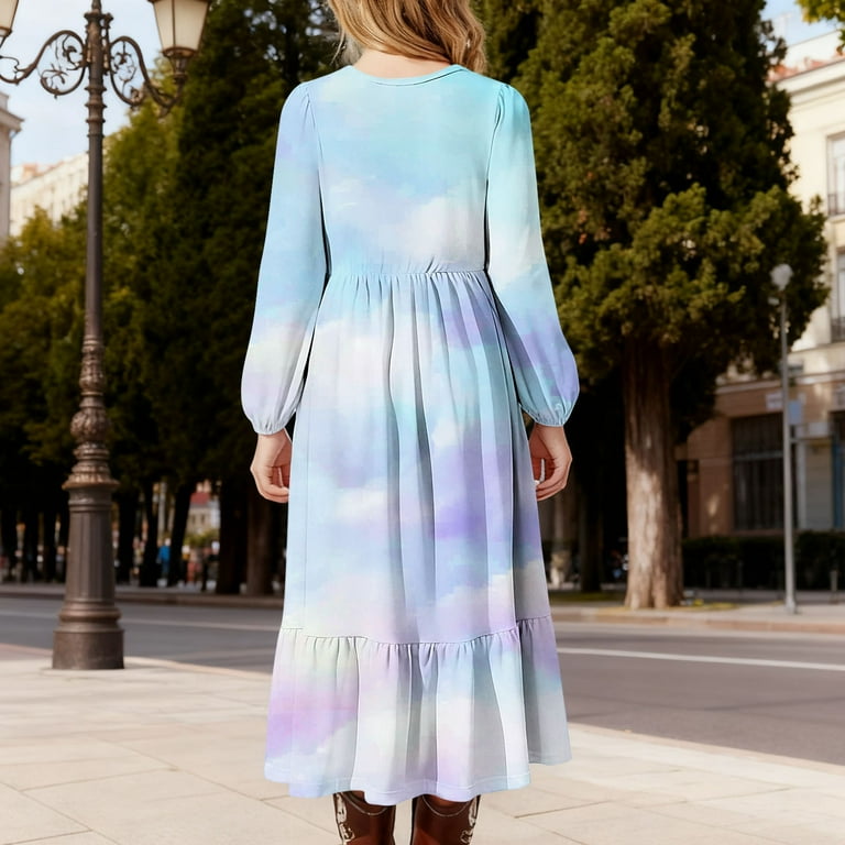 holiday tunic dresses Szjxbuy Girls Long Sleeve Ruffle Dress Colorful Tiered Ruffle Swing Tunic Dresses Casual Holiday Maxi Dress with Pockets Sky Blue,12-13Years, Women's