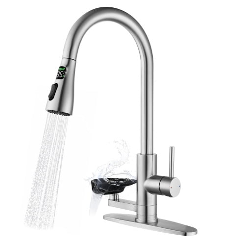 Auto Beyond 3-in-1 Kitchen Faucet with 3-Color LED Temperature Display, Press-Type Glass Rinser, High-Arc Pull-Down Sprayer, 3 Spray Modes, Brushed Nickel Finish