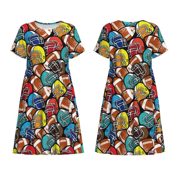 Horeoi American Football Print Women's Short Sleeve Dress Breathable Polyester-Spandex All-Over Print A-Line Side Pockets Elastic Waist