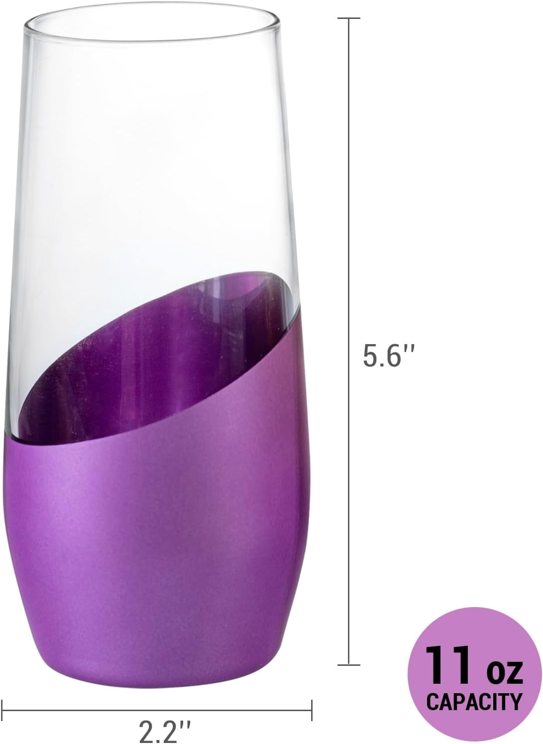 MyGift Set of 4 Purple and Gold Stemless Champagne Flutes 11 oz Modern Sparkling Wine Glasses Elegant Toasting Drinkware for Weddings Parties Home Bar Celebrations