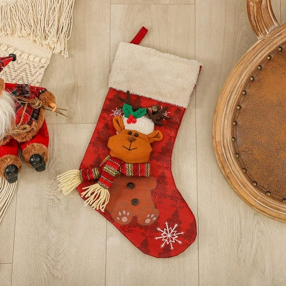 Bullpiano Christmas Stockings, Xmas Stockings 3D Character Plush Santa, Snowman, Reindeer, Penguin, Elf, Green Red Stocking 18" Christmas Tree Decorations