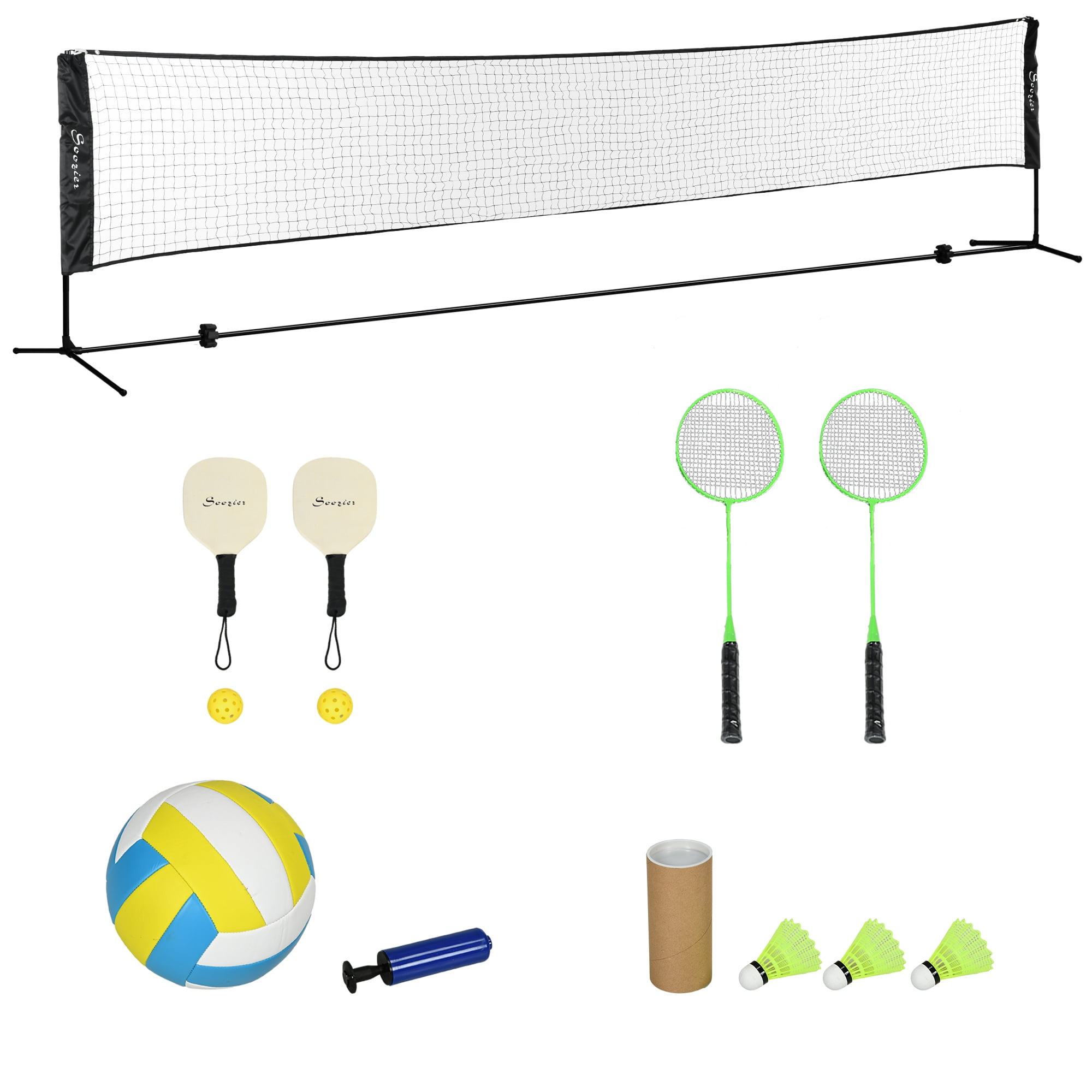 Soozier 17Ft Portable All-In-One Badminton Set,Pickleball and Volleyball Net,Height Adjustable Outdoor Sports Set for Backyard Beach Driveway Games,Black Plastic Sports Fitness Exercise Equipment