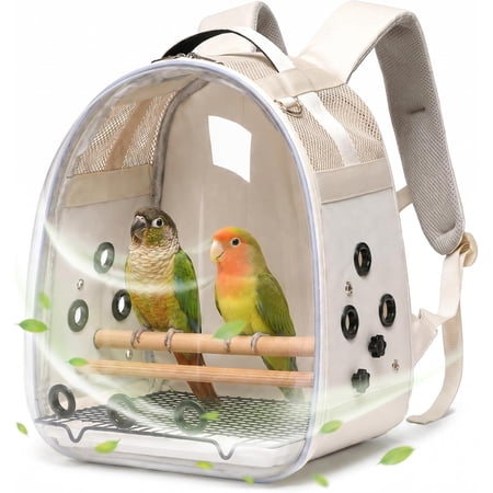 Portable Bird Travel Backpack Cage for Small Medium Birds, Adjustable Wooden Perches, Detachable Tray, Feeder Bowls and Sun Shade Cover, Ideal for Parakeets, Cockatiels, Conures, Quakers & Lovebirds