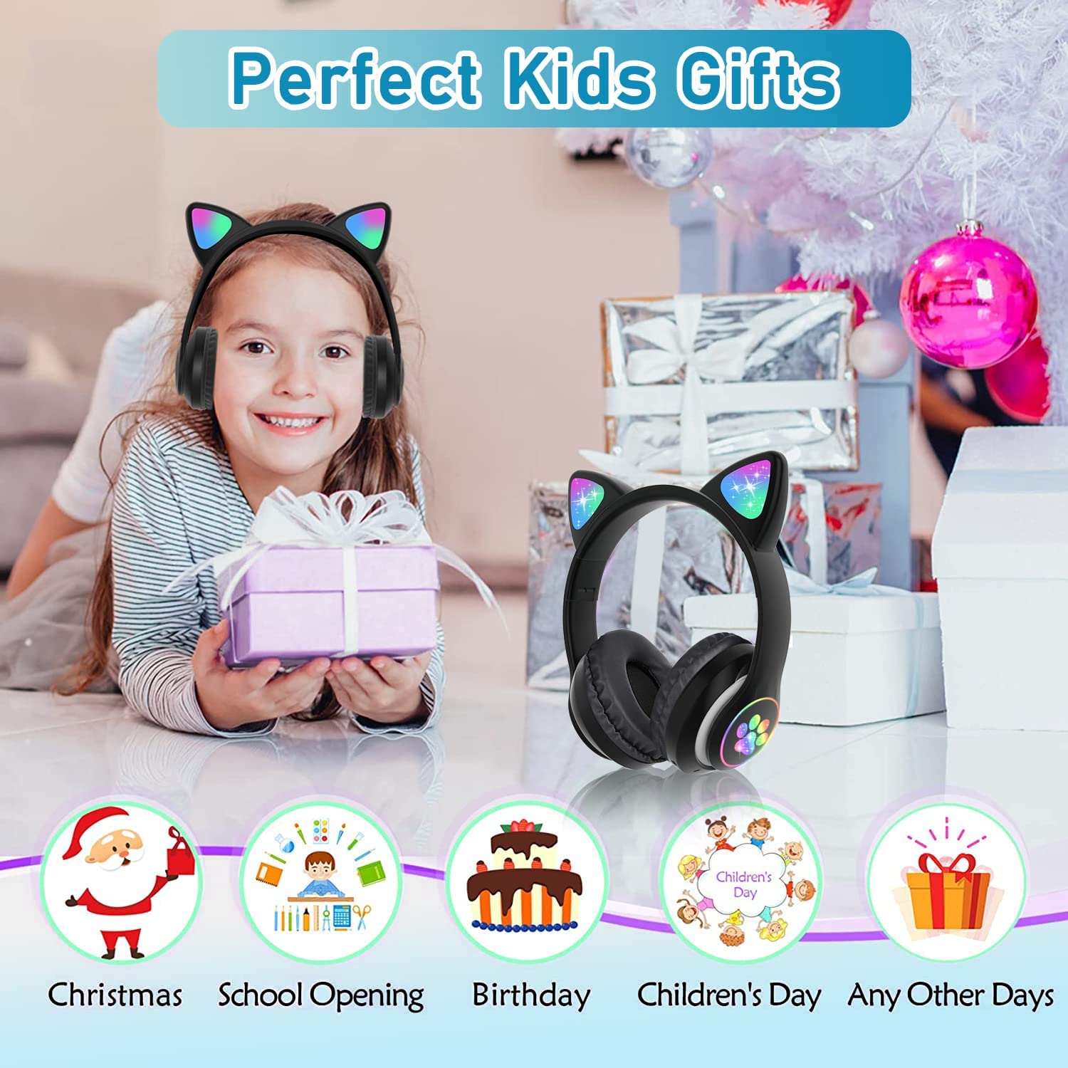 Hinzonek Cat Ear Kids Headphones, LED Lights, Black photo 2