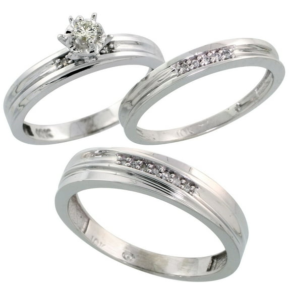 10k White Gold Diamond Trio Wedding Ring Set His 5mm & Hers 3mm Ladies Size 5.5