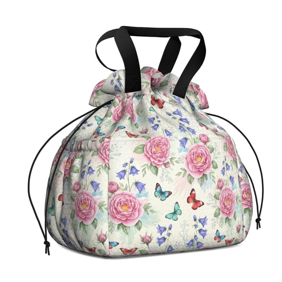 Pioneer Flower Floral Print Pattern Drawstring Lunch Bag Women - Drawstring Lunch Bag Insulated for Work Office - Stain-Resistant Large Lunchbags for Women with Multi-Pockets