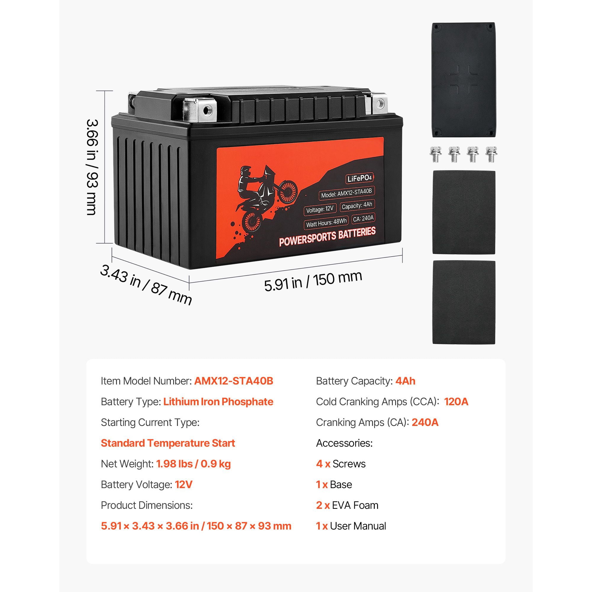 LiFePO4 Motorcycle Battery 12V 4Ah,Maintenance-Free Lithium Powersports Battery for ATV,Dirt Bike,Scooter,Jet Ski&UTV