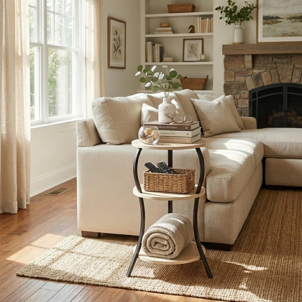 ZEXVIDA Vintage Small Round Side Table, 3-Tier Slim Waist Circular End Table with Storage Shelf,  Sofa Side Table, Round Corner Coffee Table Nightstand for Living Room Bedroom Small Spaces,Oak