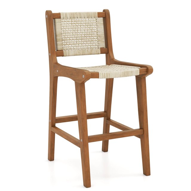 Coatway 1 PCS Outdoor Counter Height Bar Stool with Teak Wood Frame Back &Footrest for Balcony