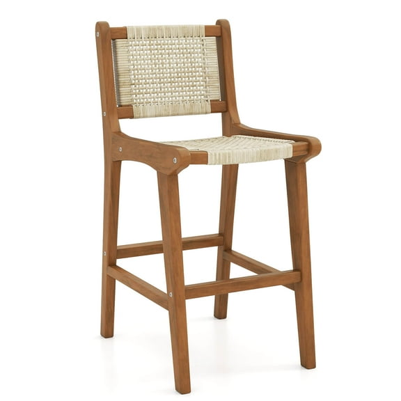 Costway 1 PCS Outdoor Counter Height Bar Stool with Teak Wood Frame Back &Footrest for Balcony