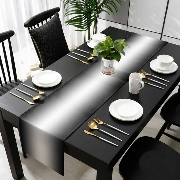 Black Ombre Cotton Linen Small Table Runner 13 x 60 inch Black Grey White Gradient Modern Abstract Art Non-slip Rectangular Dining Table Decor for Wedding Party Holiday Dinner