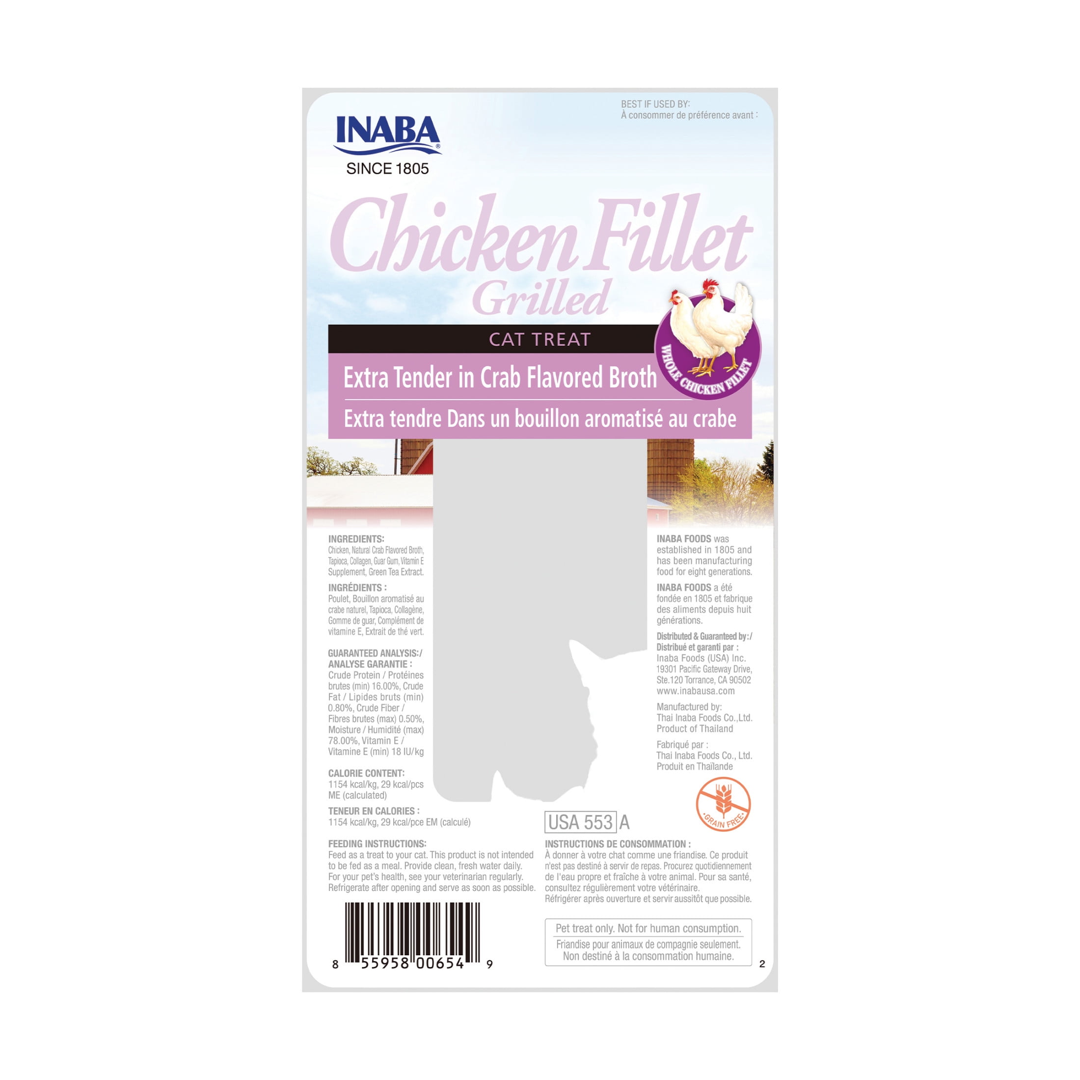 INABA Premium Hand-Cut Grilled Chicken Fillet Cat Treats w Vitamin E, 0.9 oz, 6-Pack, X-Tender Crab