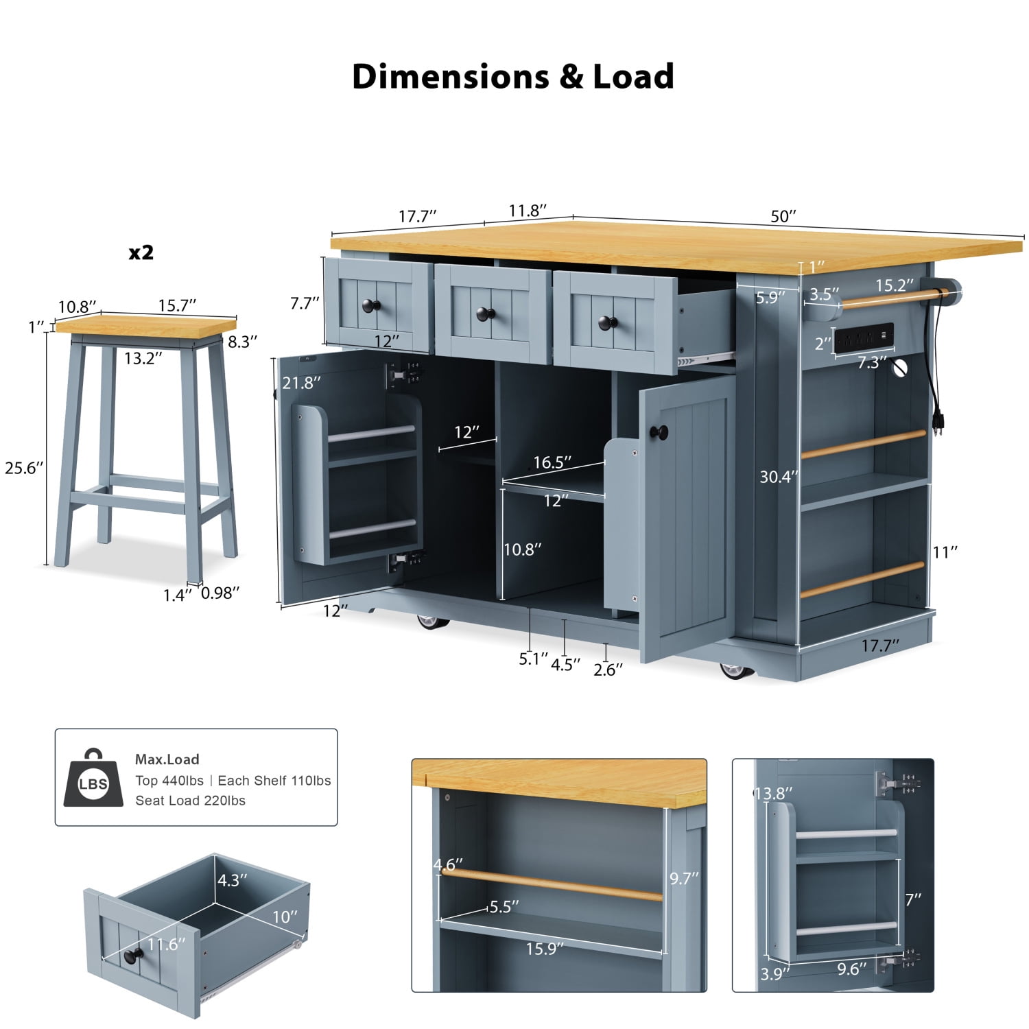 Harper & Bright Designs Large Kitchen Island with 2 Bar Stools and Power Outlet, Kitchen Storage Cart on 5 Wheels with Drop Leaf and Door Internal Storage Rack & 3 Drawers, Grey-Blue