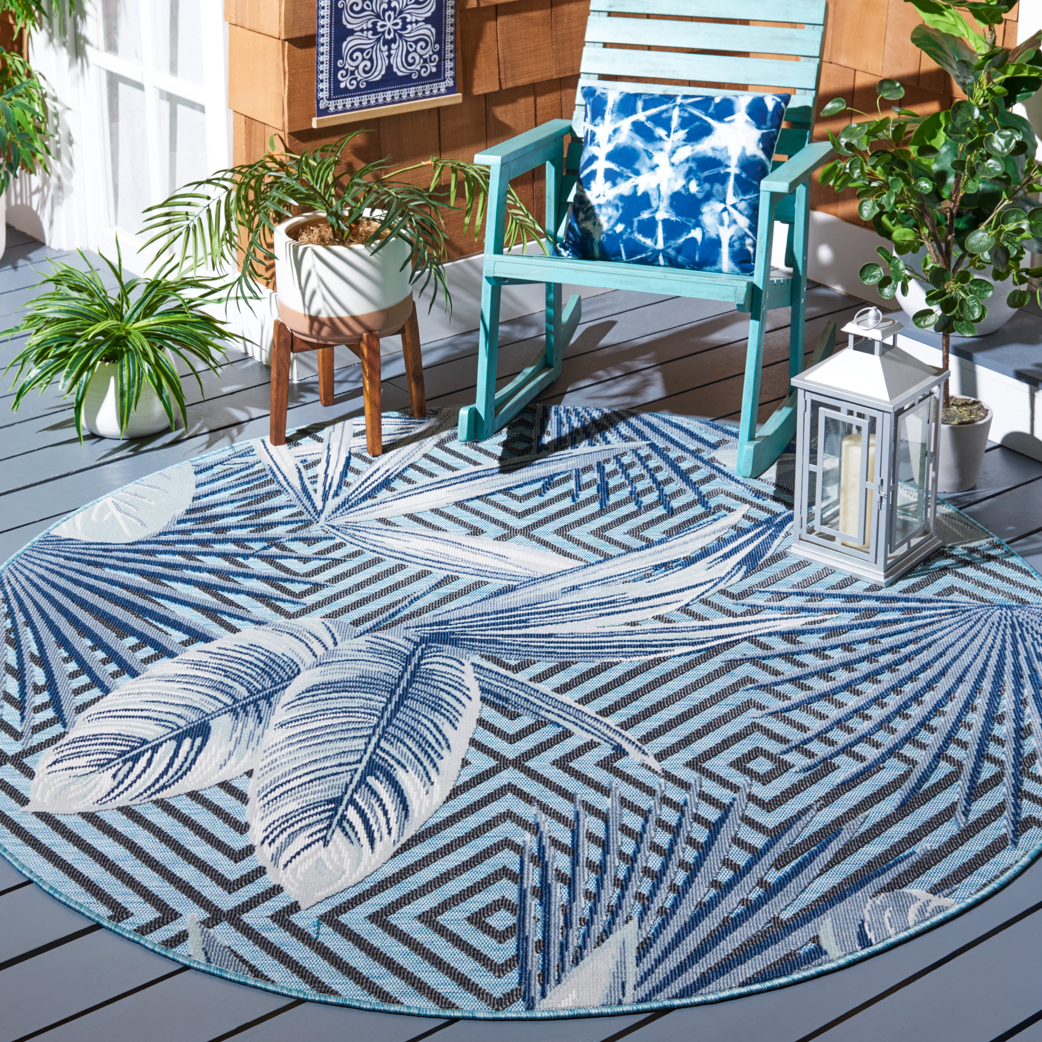 SAFAVIEH Cabana Salima Indoor/Outdoor Area Rug, Aqua/Navy, 7' x 7' Round