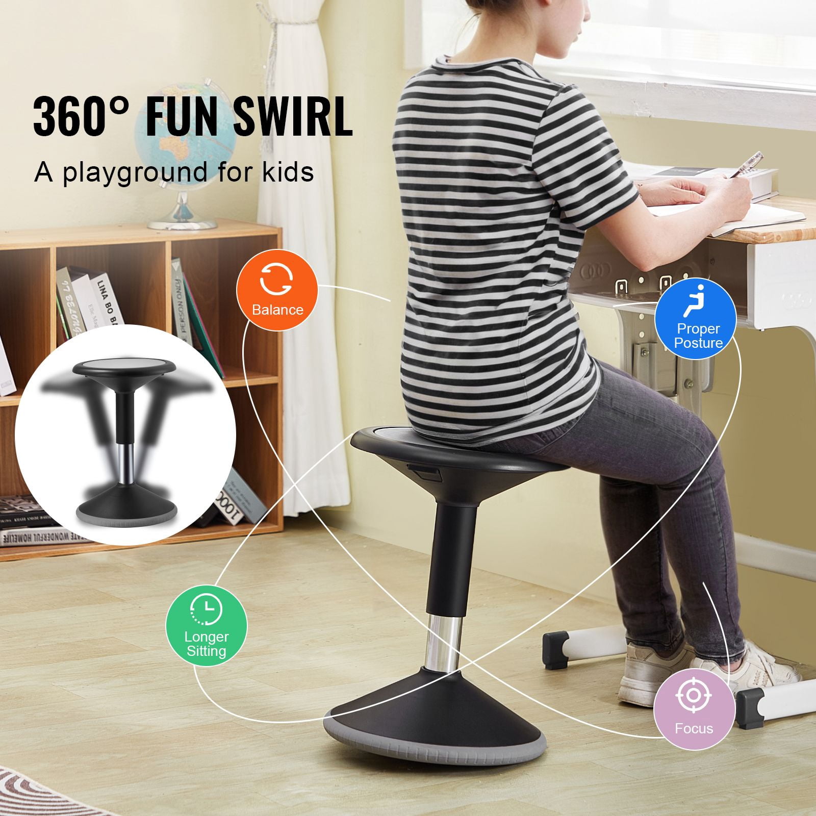 Wobble Chair with Adjustable Height, Active Flexible Seating Stool for Kids and Teens, 360° Swivel, Non-Slip Base, 15.7-21.7 in, for Classroom, Office, Home