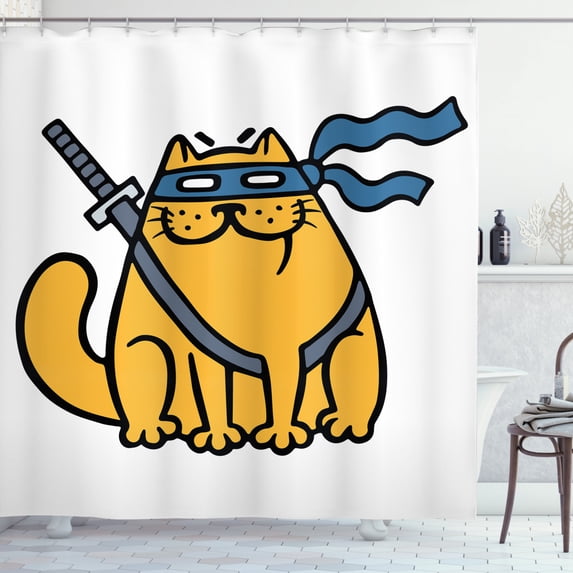 Ambesonne Ninja Cat Shower Curtain, Hero Pet with Blindfold, 69"Wx70"L, Marigold Slate Blue