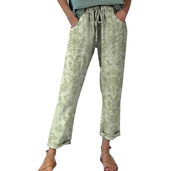 Charmgo Capri Pants for Women, Women's Autumn Print Elasticated Belt High Waisted Linen Pants with Pocket Casual Pants Wide Leg Pants for Women Trendy Black L