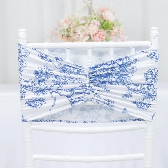 5 White Blue Ruffled Spandex Chair Sashes Band French Toile Design Party Decoration