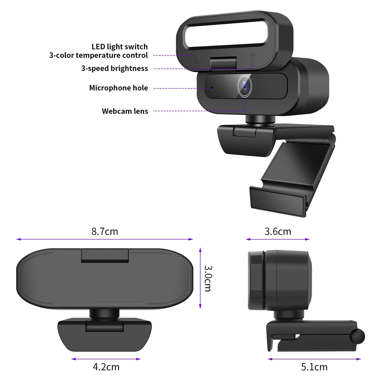 Webcam with Microphone, 4K USB Webcam for PC Desktop & Laptop, Ring Light and 3-Level Brightness, Computer Camera with Privacy Cover & Tripod Stand