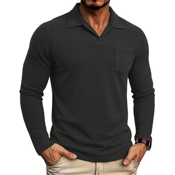 GrmtClth Men's Single Chest Pocket Lapel Collar Vintage Washed Polo Shirt, Long Sleeve Regular Fit Daily Office Casual Tops Black 2XL