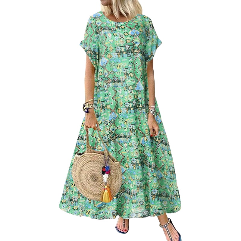 ZANZEA Womens Dresses ONeck Casual Loose Short Sleeve Printed Dress