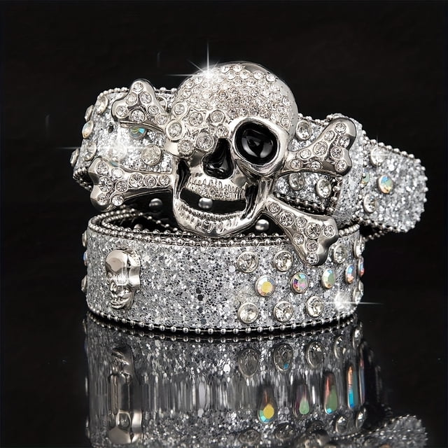 Men'S Y2K Punk Rhinestone Inlaid Skull Alloy Buckle Belt - Gothic Streetwear Accessory with Rhinestone Accents, Durable Metallic Chain Link Design, Perfect For Daily Wear, Halloween & Winter Fashion
