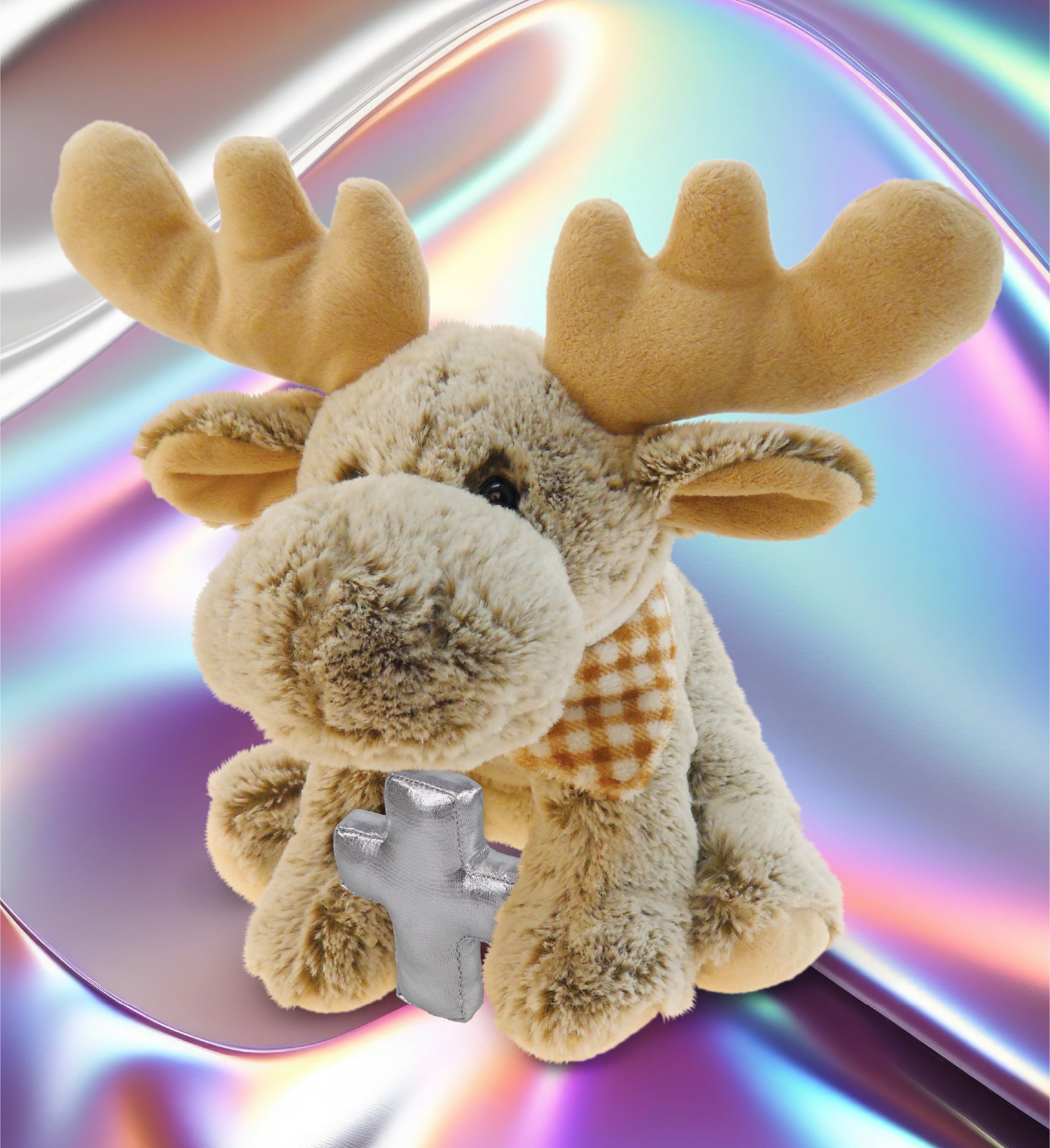 DolliBu Floppy Moose Stuffed Animal with Silver Cross Plush - Religious Baby Baptism Gifts for Boys and Girls, Dedication Christening Gifts Plush Prayer Toy, Healing Stuffed Animal Toy - 12 Inches