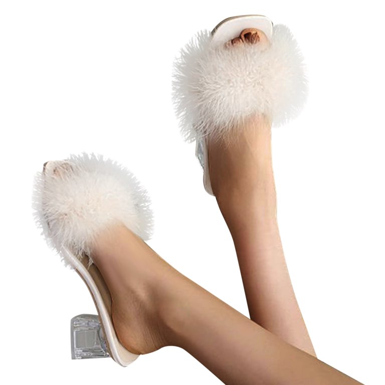SHENGSI Women’s Open Toe Solid Color Furry Thick Heel High Heel