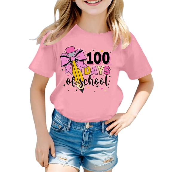 lnmuld Girls Back to School Casual Print Round Neck Short Sleeve Tee Comfortable Loose Fit Everyday Top Color:Pink,Size:12-13 Years