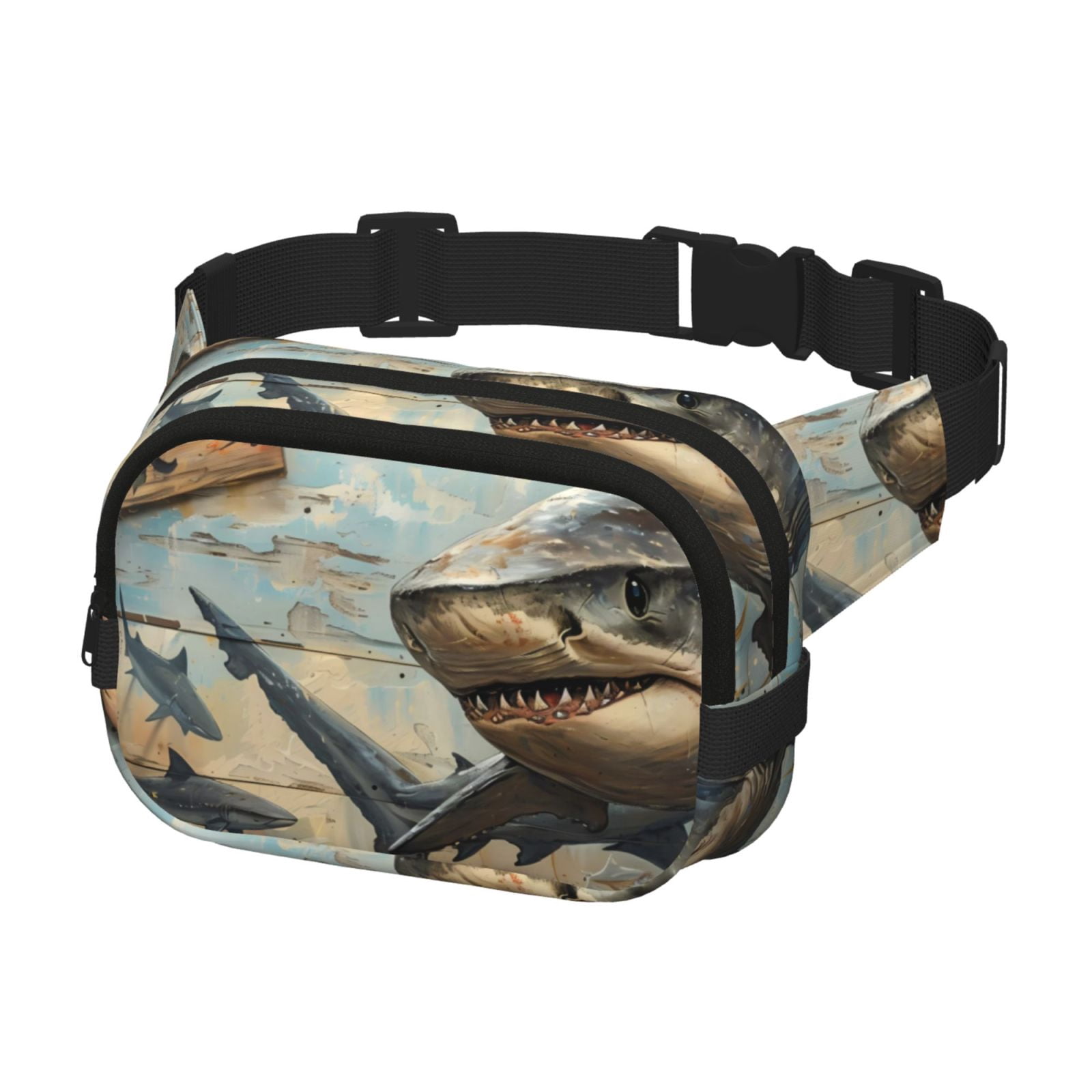 Picia Wood Grain Shark Print Square Double-Layer Waist Bag Mini Adjustable Waist Belt Bag Exercise Running Travel Hiking