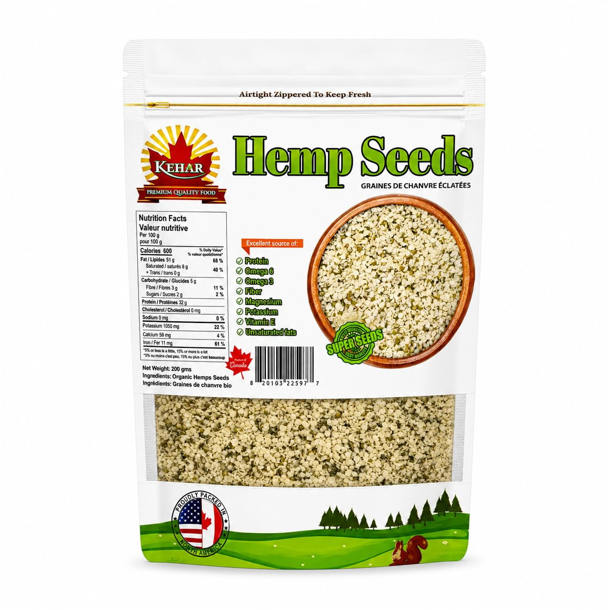Kehar Hulled Hemp Seeds 200g – Plant-Based Superfood Rich in Protein, Omega 3 & 6, Keto-Friendly, Gluten-Free, Non-GMO, Raw Shelled Hemp Hearts for Smoothies, Salads, Baking, and Snacking