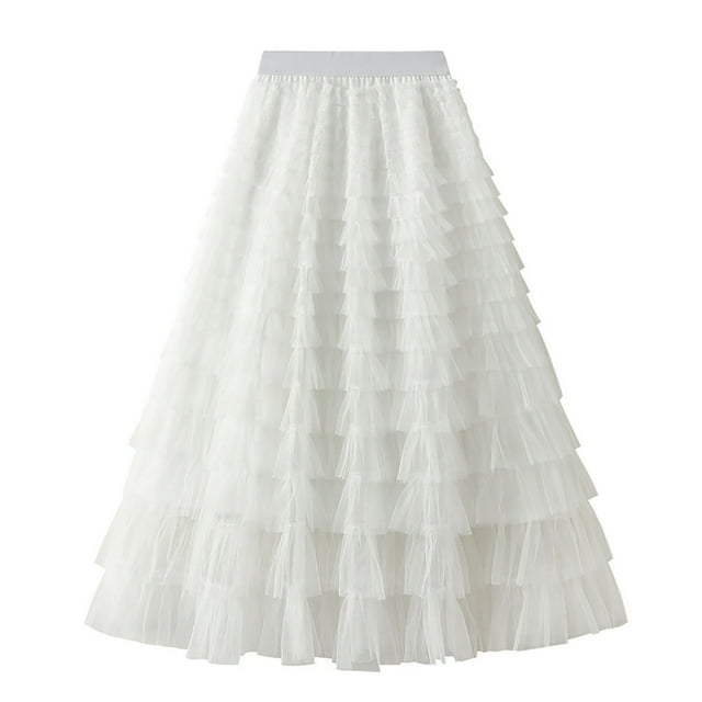 Birdeem Womens Solid Color Ruffled Mesh Skirt High Waist Prom Poached Skirt Half-Length Skirt