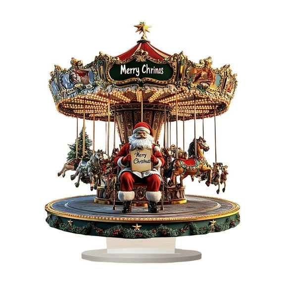 Christmas Carousel Decoration with Santa Claus Figurine & Stable Base Acrylic 2D Xmas Scene Ornament for Bedroom Desktop Office Decor
