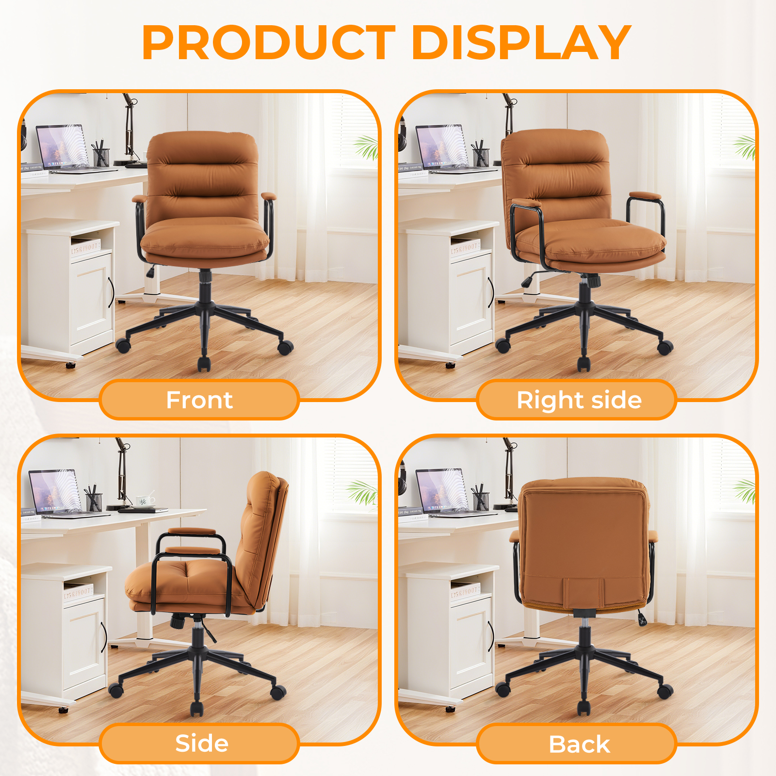 Falvinoryn Modern Office Chair, High Back Ergonomic Task Chair with Padded Armrests and Double Cushion, Swivel Home Office Desk Chair, Faux Leather Executive Armchair for Home, Bedroom (Brown)