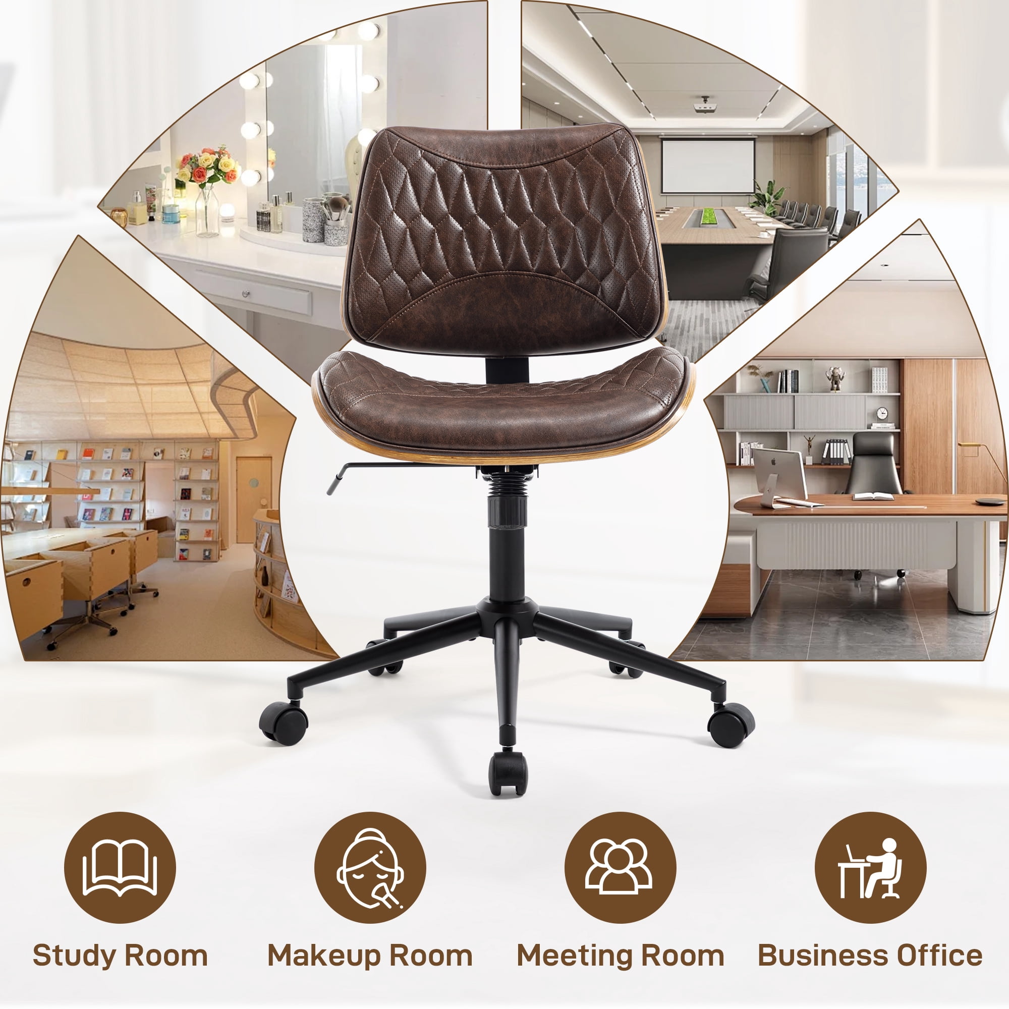 Home Office Desk Chair with Wheels, Armless Breathable PU Leather Office Chair, Swivel Ergonomic Computer Chair for Compact Space, Height-Adjustable Modern Walnut Chair with Rocking Function